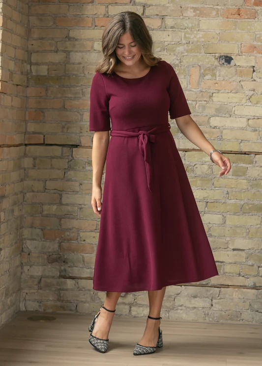 Burgundy Half Sleeve Woven Knit Midi Dress FF Dresses