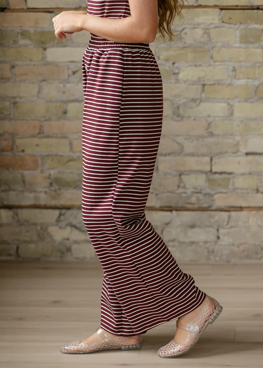 Burgundy Strip Button Detail Pants FF Pants
