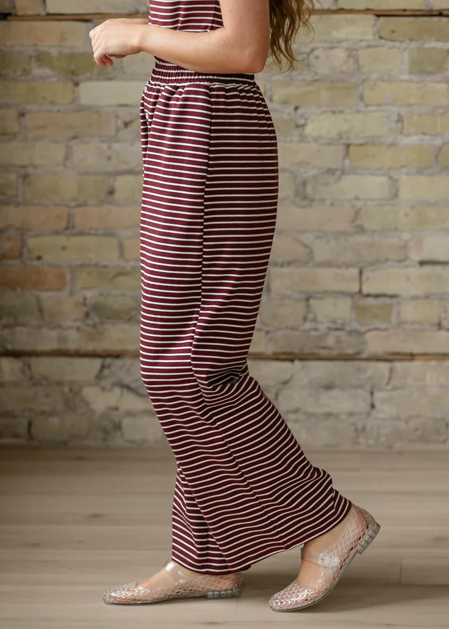 Burgundy Strip Button Detail Pants FF Pants