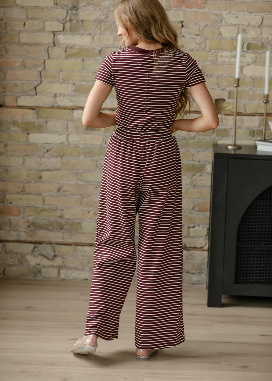Burgundy Strip Button Detail Pants FF Pants