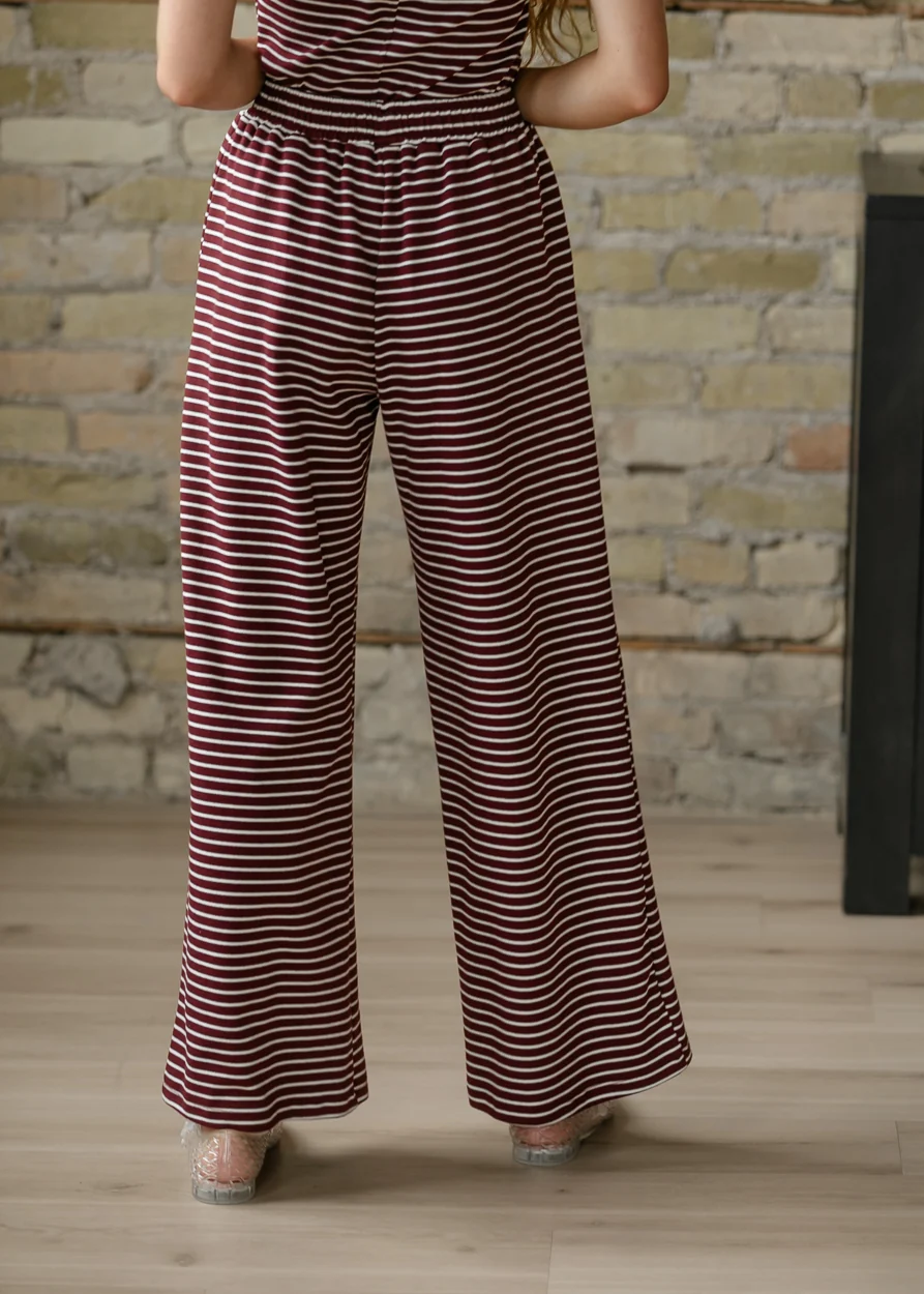 Burgundy Strip Button Detail Pants FF Pants