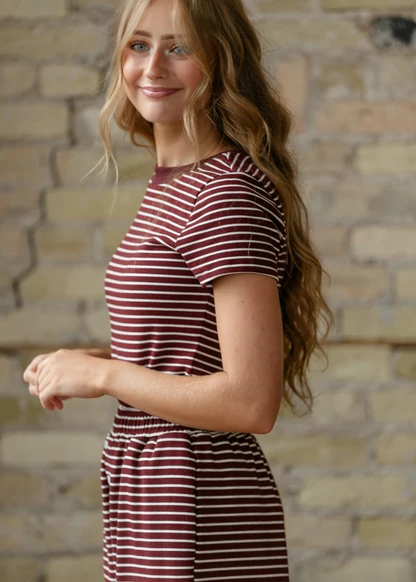 Burgundy Stripe Short Sleeve Top FF Tops