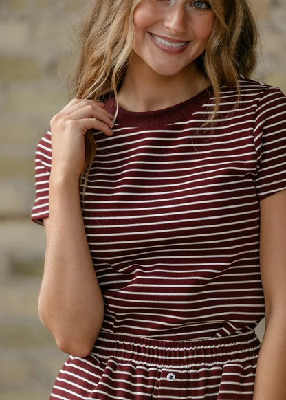 Burgundy Stripe Short Sleeve Top FF Tops