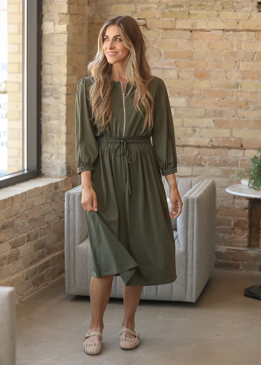 Etta Olive 3/4 Sleeve Zip-up Dress IC Dresses XS