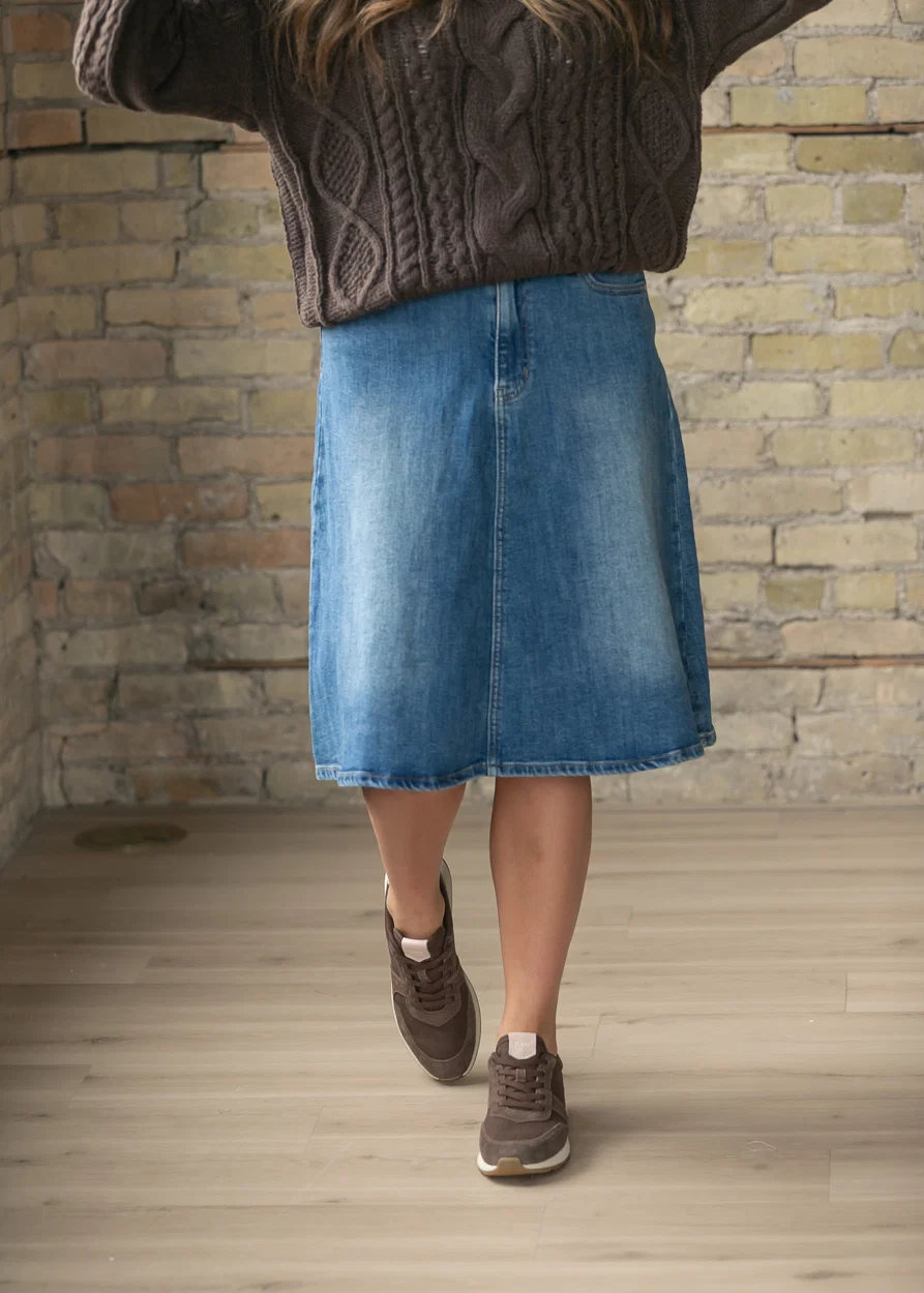 Flowy Denim A-Line Midi Skirt FF Skirts