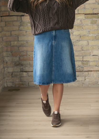 Flowy Denim A-Line Midi Skirt FF Skirts