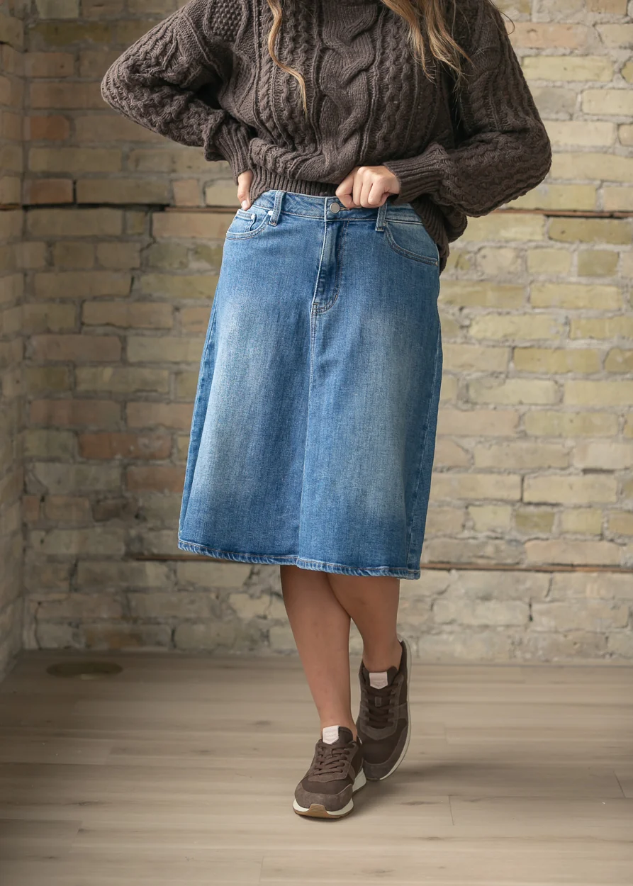 Flowy Denim A-Line Midi Skirt FF Skirts