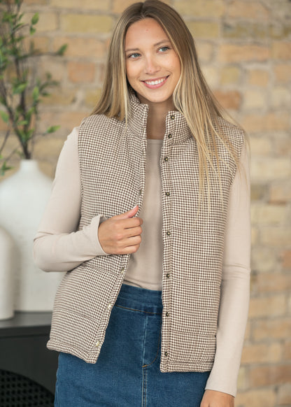 Gingham Floral Print Puffer Vest FF Layering Essentials
