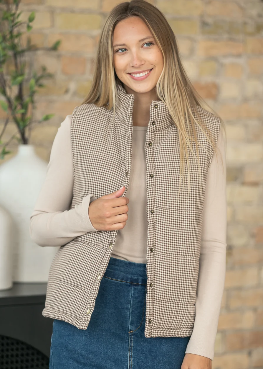 Gingham Floral Print Puffer Vest FF Layering Essentials
