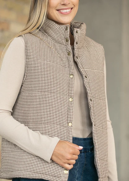 Gingham Floral Print Puffer Vest FF Layering Essentials