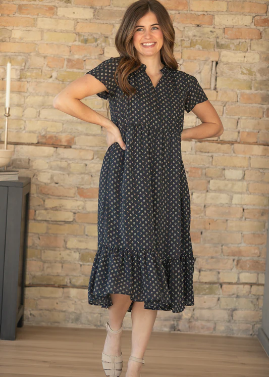 Jaydrien Navy Short Sleeve Midi Dress IC Dresses