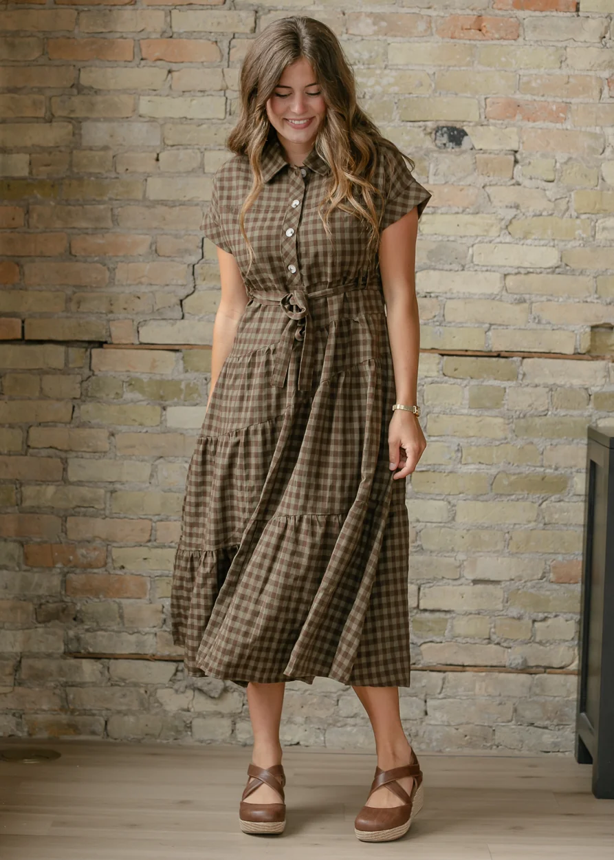 Olive Plaid Waist Tie Shirt Dress FF Dresses