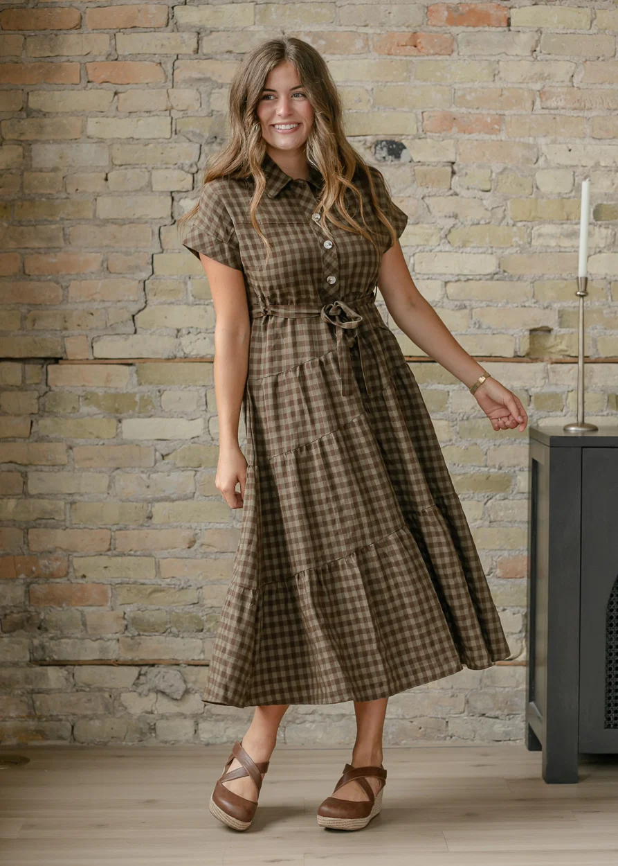 Olive Plaid Waist Tie Shirt Dress FF Dresses S