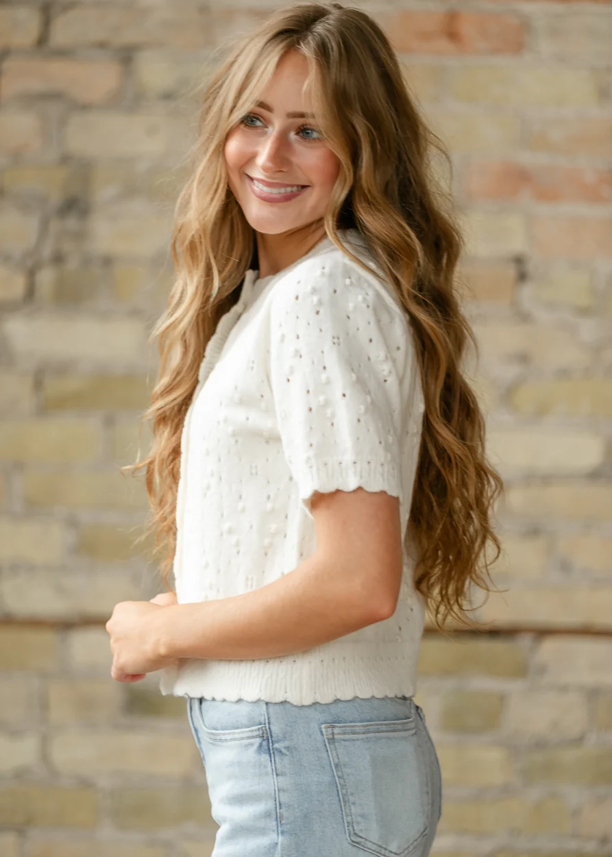 Short Sleeve Ivory Knit Cardigan FF Tops