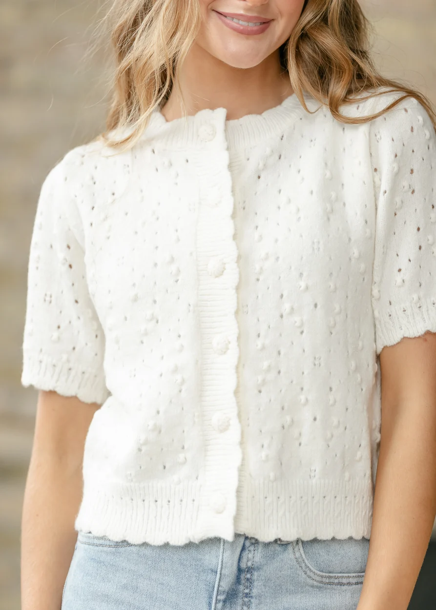 Short Sleeve Ivory Knit Cardigan FF Tops S