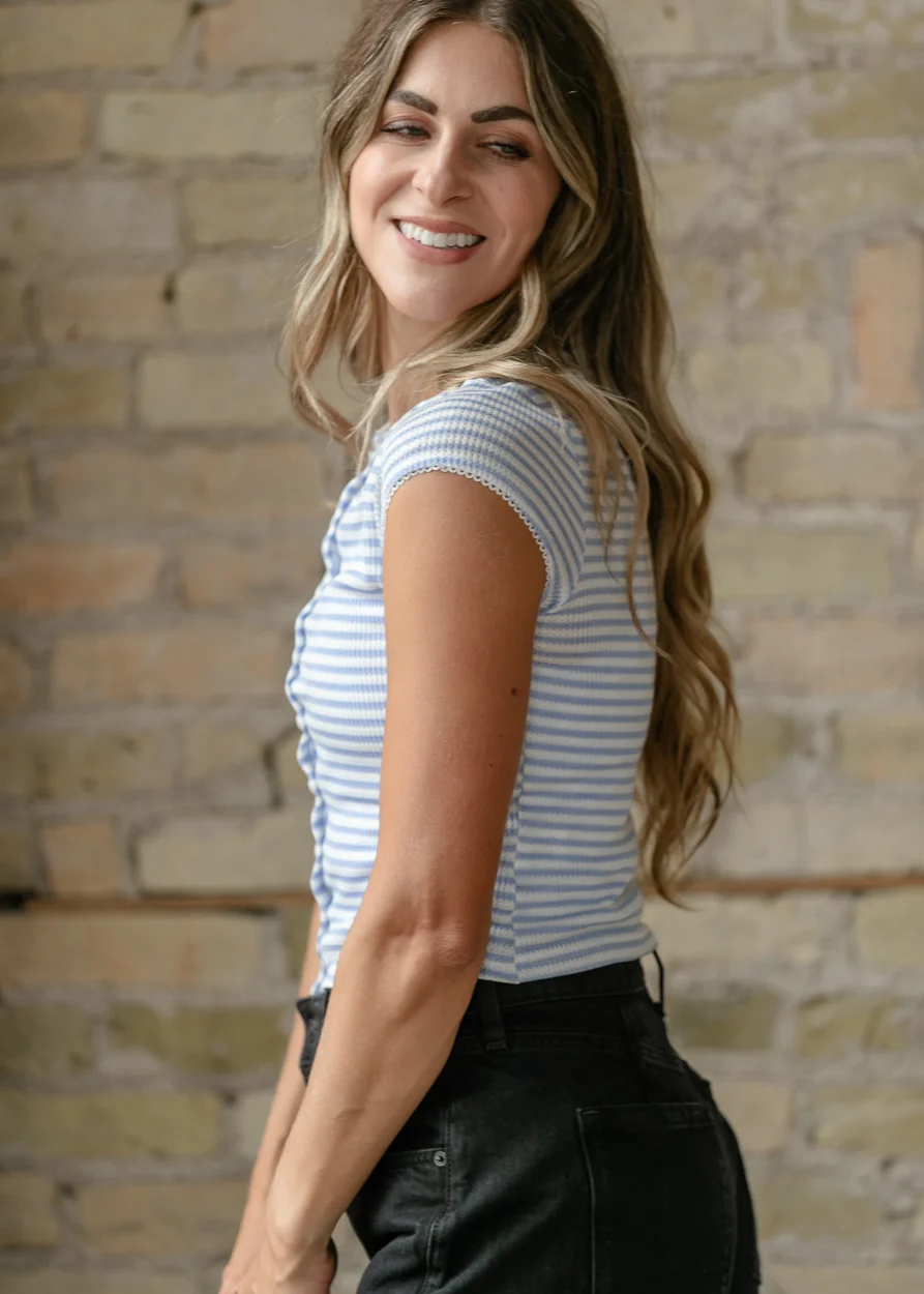 Short Sleeve Striped Button Up Top FF Tops