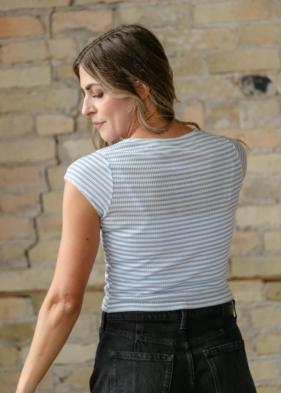 Short Sleeve Striped Button Up Top FF Tops