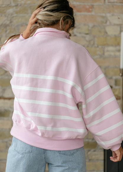 Striped Pink Striped Quarter Snap Pullover FF Tops