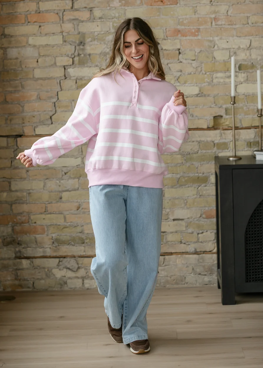 Striped Pink Striped Quarter Snap Pullover FF Tops
