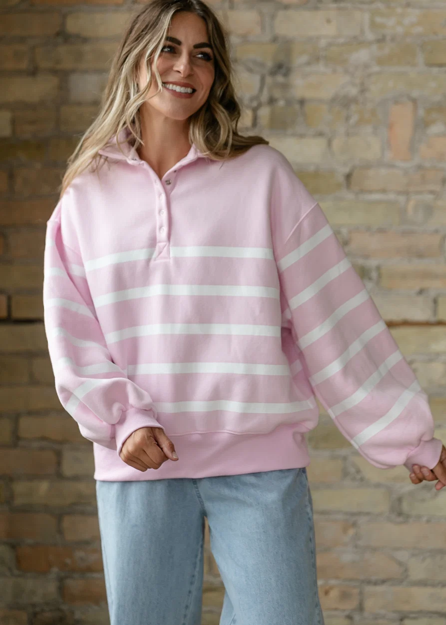 Striped Pink Striped Quarter Snap Pullover FF Tops