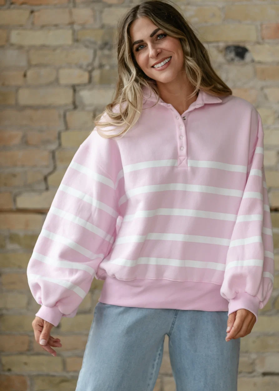 Striped Pink Striped Quarter Snap Pullover FF Tops