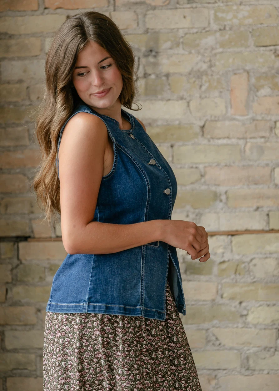 Tailored Denim Button Down Vest FF Layering Essentials