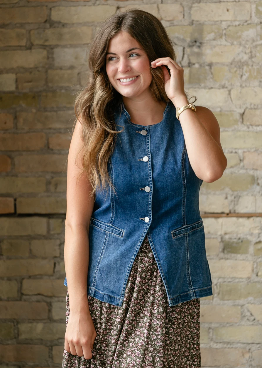 Tailored Denim Button Down Vest FF Layering Essentials S