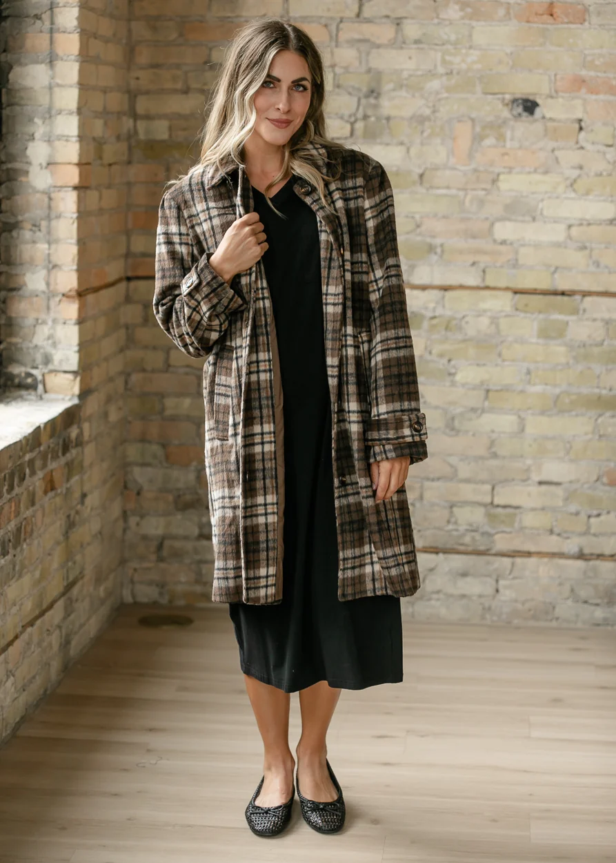 Ultra Fuzzy Plaid Long Sleeve Coat FF Layering Essentials S